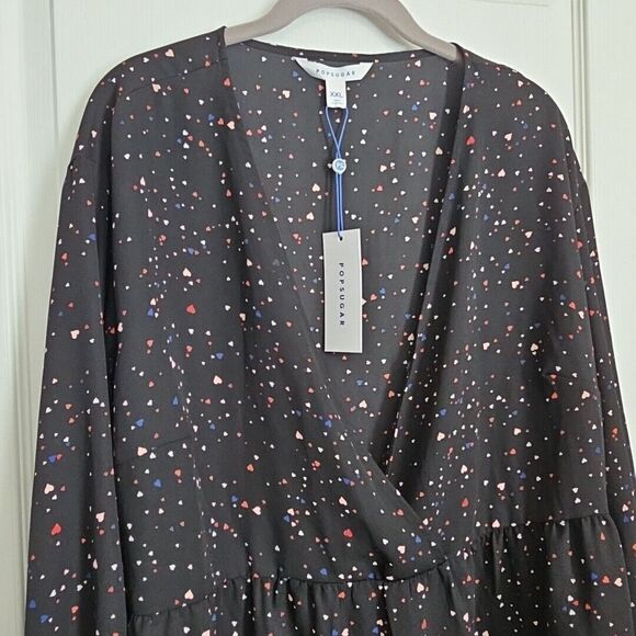 POPSUGAR Sheer Crossover Babydoll Top Blouse XXL Black Ditzy Hearts Cute Goth - Picture 3 of 15